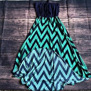 Navy blue and turquoise high low dress. - M